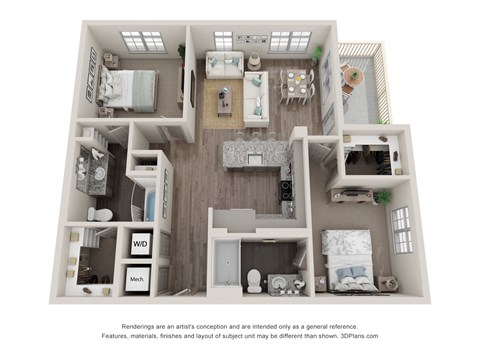 Floor plan for 2 beds, 2 baths, 1116 sqft